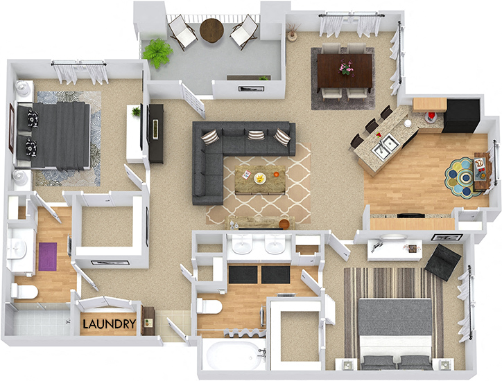 Floor plan for 2 beds, 2 baths, 1130 sqft